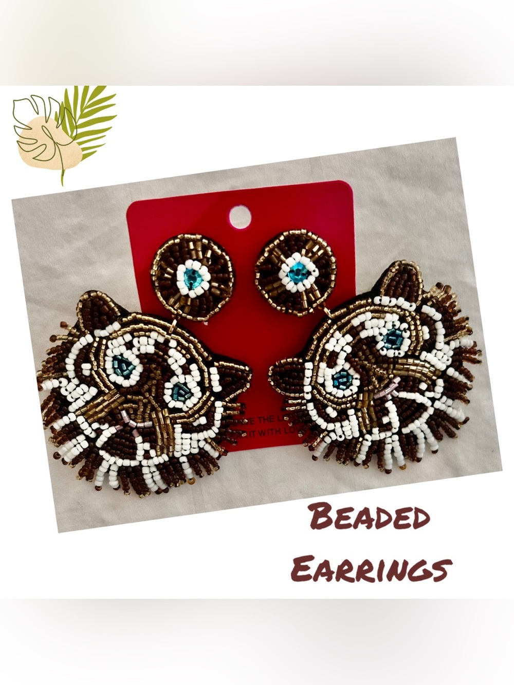 Beaded Cat Face Drop Earrings - Brown & White